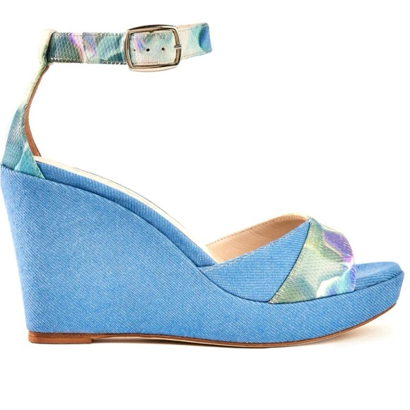 Floral Denim Leather Platform Heels by Elizee - Picture 3 of 9